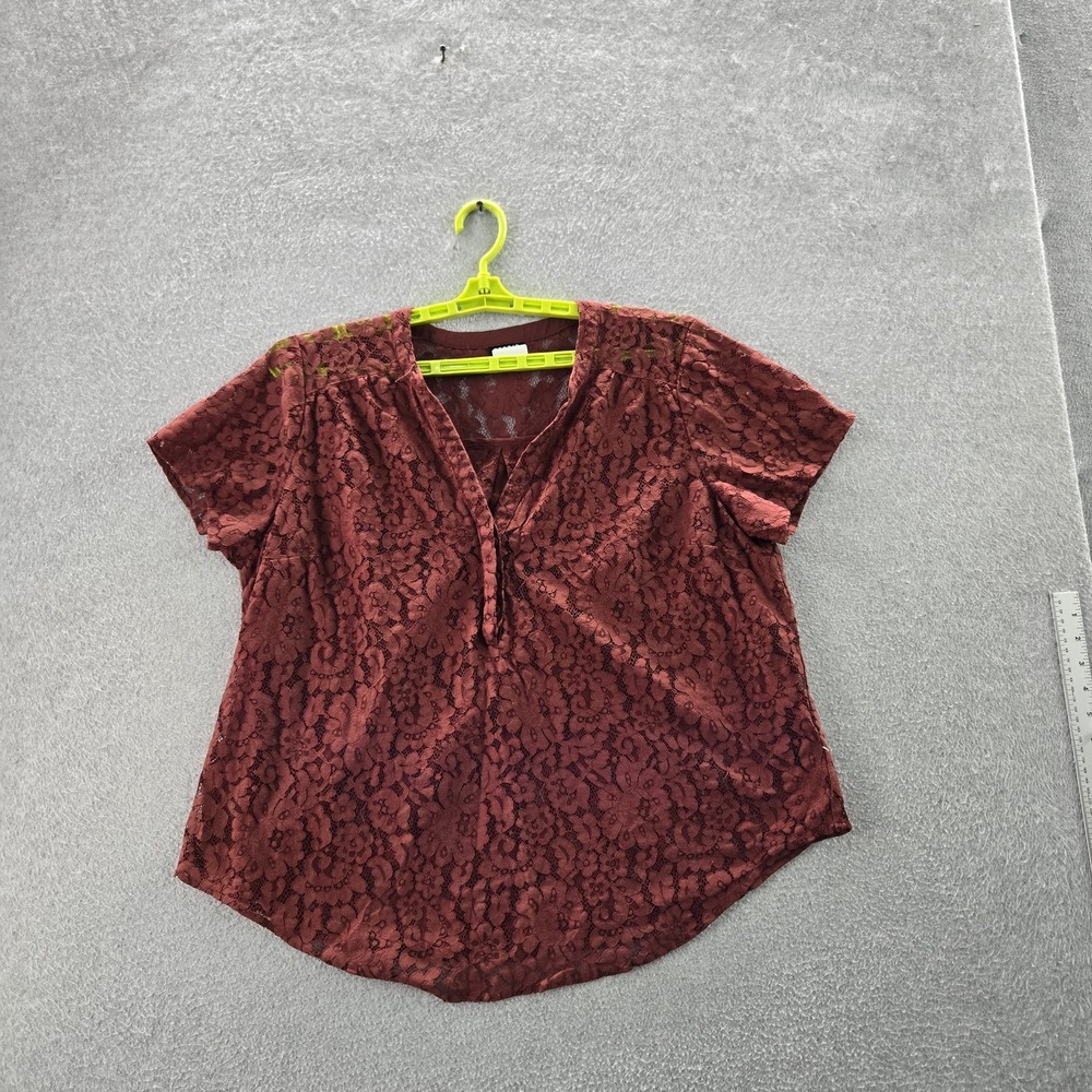 Torrid Women Blouse 1 Red Cotton Nylon Floral Lace V-Neck Popover Short Sleeve